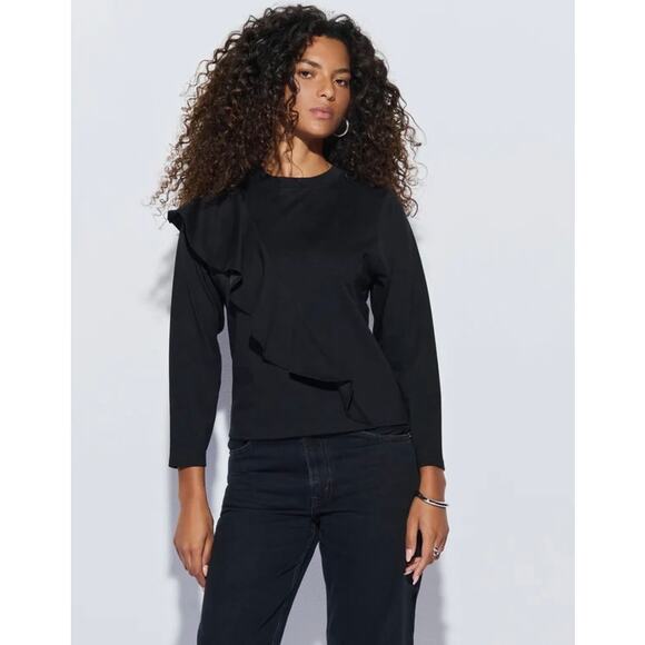 EUC Nation Los Angeles Farrah Top Black Sz XS Asymmetric Ruffle Sleeve Chic Tee - Picture 10 of 16